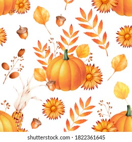 Seamless pattern and colorful october pumpkins  leaves  acorns   flowers  Autumn watercolor background 