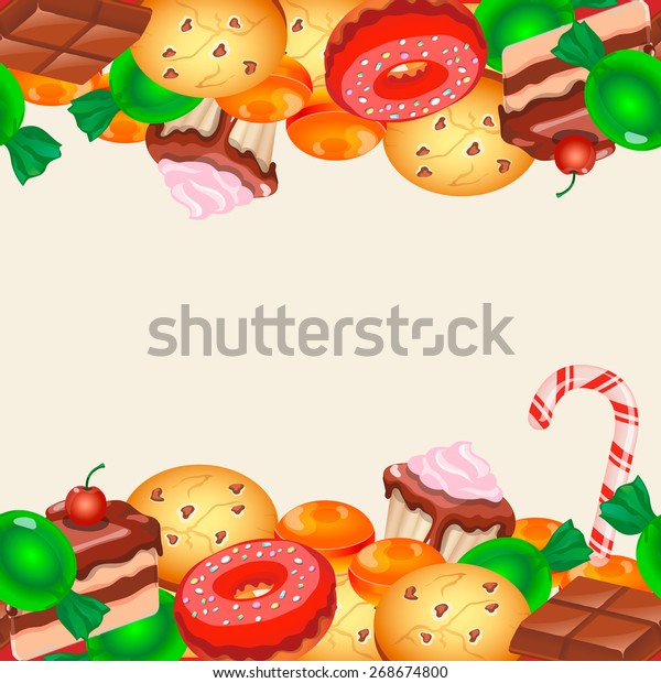 Seamless pattern colorful sticker candy, sweets and
cakes. Divider, header.
