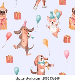 Seamless pattern with corgi, pug, beagle, dachshund, balloons and gifts. Happy birthday dog party. Illustration - Powered by Shutterstock