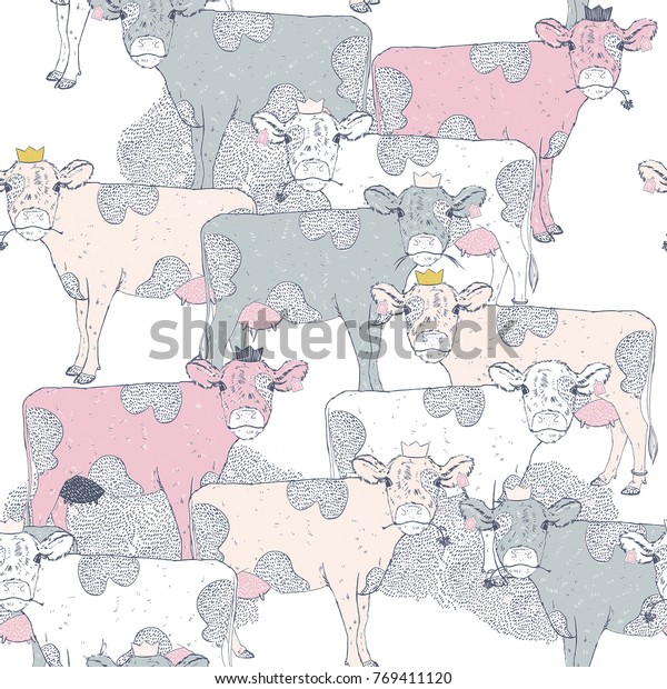 Seamless Pattern Cow Princess Sweet Cows のイラスト素材