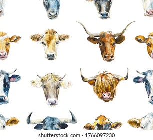 Seamless pattern with cow. Watercolor hand drawn illustration	
