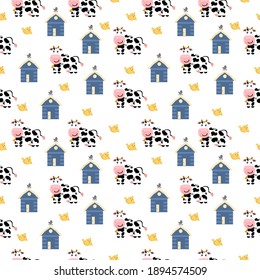 A seamless pattern and cows in flat style for children’s apparel  stationery  accessories  textiles  Print 
