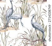 A seamless pattern with cranes among marsh grasses. Watercolor illustration for eco-projects, posters, hotel designs, and nature reserve websites