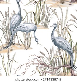 A seamless pattern with cranes among marsh grasses. Watercolor illustration for eco-projects, posters, hotel designs, and nature reserve websites