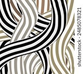 Seamless pattern creating a swirling effect with black, white, metallic silver, and metallic bronze striped swirls on a white background. Variety used  in fashion, home decor, and graphic design. 