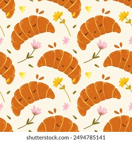 seamless pattern with croissants and flowers. The pattern is illustrated with simple shapes in the style of hand drawing. Cute pattern in natural shades of brown and green. - Powered by Shutterstock