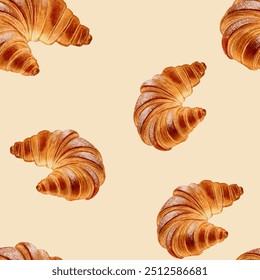 Seamless pattern with croissants on a beige background. High quality. Watercolor illustration for a bakery, pastry shop, coffee shop and cafe. for printing, textiles, decor - Powered by Shutterstock