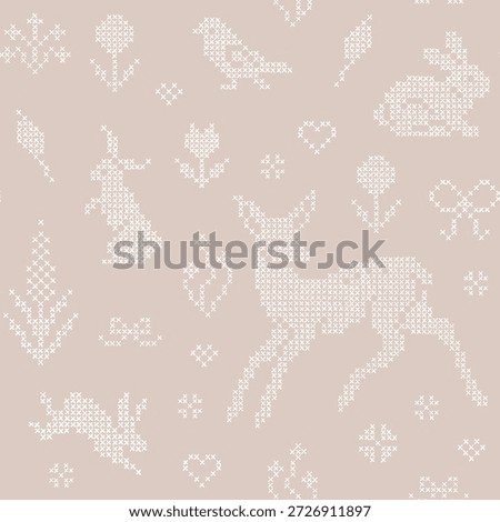 Seamless pattern with cross stitches elements. Ornament animals, flowers, vintage background in folk style. Deer, rabbits, birds