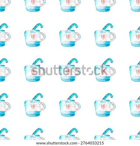 seamless pattern of Cup with Christmas candy cane on white background. Picture with oil pastels, imprint technique