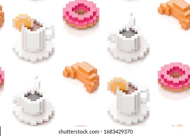 Seamless pattern with cup of coffee, donuts and croissants. 3d illustration in voxel style.