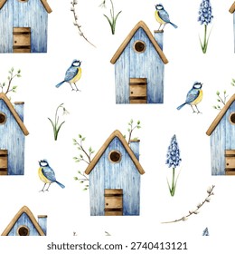 Seamless pattern with cute birdhouse, snowdrop, muscari flowers, branch with leaves and blue tit perche. Watercolor titmouse, easter hand drawn illustration isolated on background, transparent png