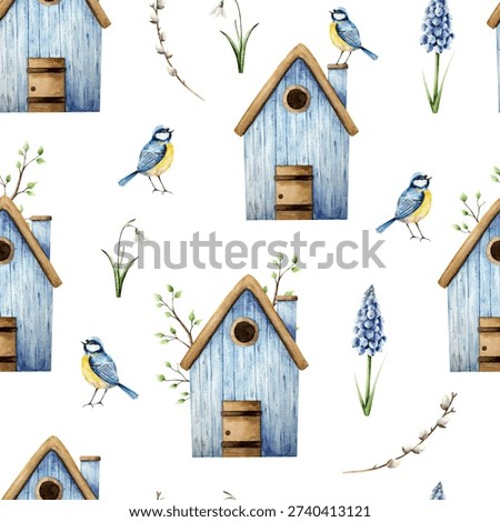Seamless pattern with cute birdhouse, snowdrop, muscari flowers, branch with leaves and blue tit perche. Watercolor titmouse, easter hand drawn illustration isolated on background, transparent png