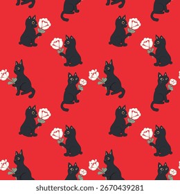 Seamless pattern of cute black cats holding white flowers on a red background. Ideal for textile prints, wallpaper, wrapping paper, Valentine’s design, and adorable decorative projects.
