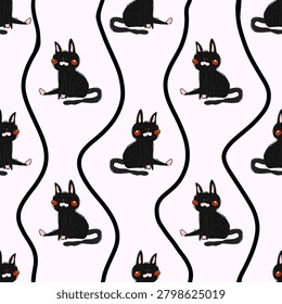 Seamless pattern of cute black cats with rosy cheeks and long curved tails on a pale pink background.