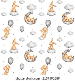 Seamless pattern with cute bunnies, cloud, moon and balloons; watercolor hand drawn illustartion; with white isolated background