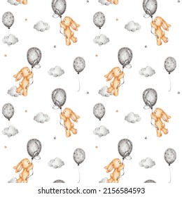Seamless pattern with cute bunny and grey balloons; watercolor hand drawn illustration; with white isolated background