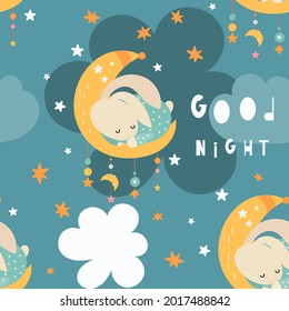 Seamless pattern with cute bunny sleeping on moon and clouds in cartoon style. Kids illustration for nursery design. Rabbits pattern for baby clothes, wrapping paper.