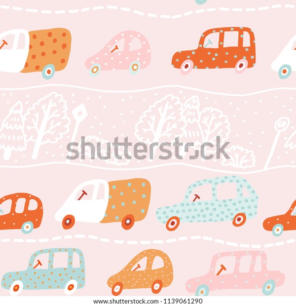 Seamless pattern with cute cars on the road\
on the pink\
background.