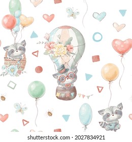 Seamless Pattern Cute Cartoon Animals Fly In A Hot Air Balloon