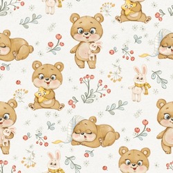 Seamless Pattern From Cute Cartoon Baby Bears Sleep And With Rabbit Toy