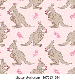 Seamless pattern with cute cartoon kangaroo with a baby and small flower, illustration