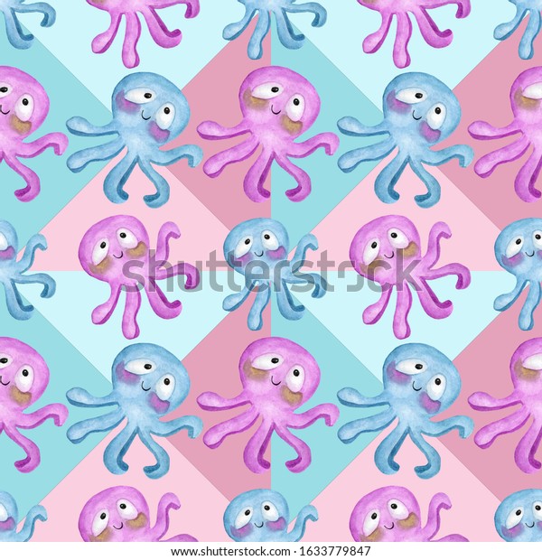 Seamless pattern of cute cartoon-style pink and blue\
octopuses on a pink and blue background divided into triangles .\
Watercolor illustrations for postcards, Wallpaper, texture, design,\
and so on