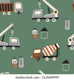 Seamless pattern with cute cement mixers, trucks and  cranes for fabric, wrapping, textile, wallpaper, apparel design.