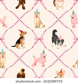 Seamless pattern of cute dog, pet, wearing party hat, birthday, celebration, hand drawn, cartoon