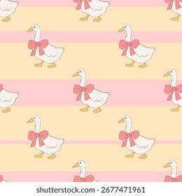Seamless pattern with cute ducks and striped background, kawaii baby ducklings, funny cartoon bird texture, adorable animal design for kids fabric and decor