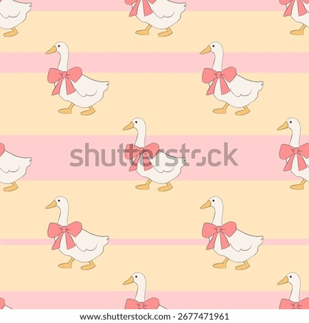 Seamless pattern with cute ducks and striped background, kawaii baby ducklings, funny cartoon bird texture, adorable animal design for kids fabric and decor