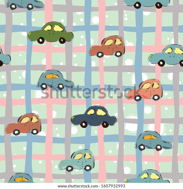 Seamless Pattern with\
Cute European Cars.\
