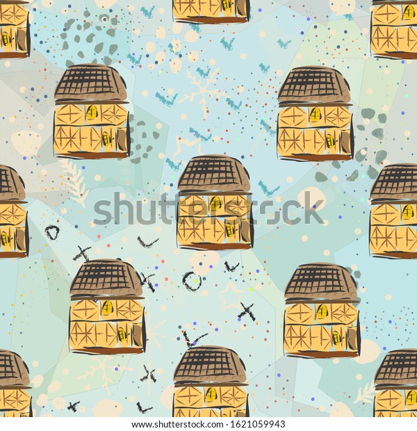 Seamless Pattern with Cute European Houses. Scandinavian\
Style. 