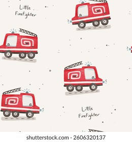 Seamless pattern with cute fire trucks for kids fabric, wrapping, textile, wallpaper, apparel design. 