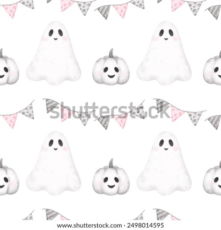 Seamless pattern cute ghost.Watercolor hand drawn color children's illustration, print with cute .Kids print.Baby collection, Halloween decorations.