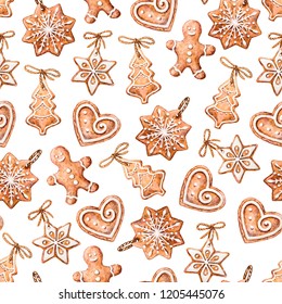 Seamless Pattern With Cute Gingerbread Cookies For Christmas. Isolated On White Background. Watercolor Illustration.