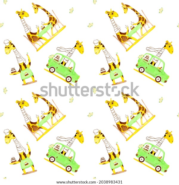 Seamless pattern with cute giraffe. Character\
in different\
situations.