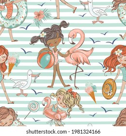 Seamless pattern with cute girls and flamingos on the beach. Striped background.