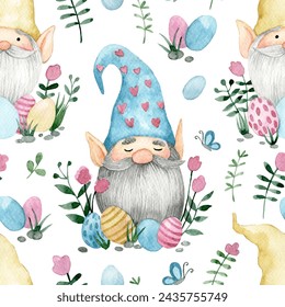 seamless pattern with cute gnomes with Easter eggs and flowers. watercolor drawing on the theme of Easter. - Powered by Shutterstock