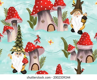 seamless pattern of cute hand drawn gnomes in the field of mushroom