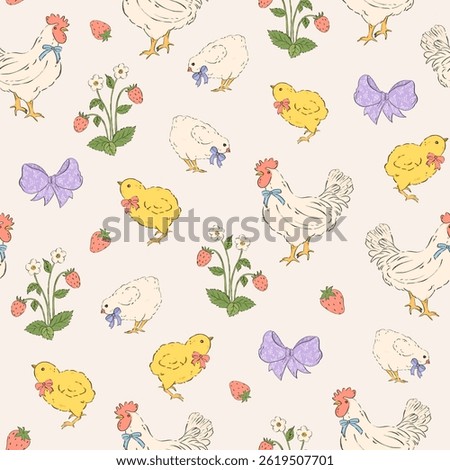 Seamless pattern with cute hen and chicken. Background with baby chick and strawberry. Easter little farm bird design texture illustration