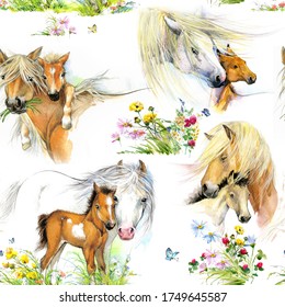 Seamless Pattern With Cute Horses And Foal On Summer Field. Cartoon Farm Animals Watercolor Illustration.