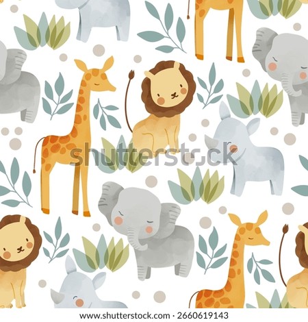 Seamless pattern with cute jungle animals including lion giraffe elephant and rhino in watercolor style ideal for nursery kids apparel baby shower and safari themed decorations