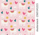 Seamless pattern with cute kawaii handdrawn llama alpaca in pink background