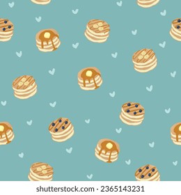 Seamless pattern with cute kawaii handdrawn pancake in tosca background - Powered by Shutterstock