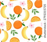 Seamless pattern with cute oranges, bananas, pink flowers, and green leaves on a white background. Vector illustration.