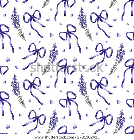 A seamless pattern with cute purple bows, hearts, and lavender flowers. Hand-painted with watercolors. Perfect for holiday decor, textiles, wrapping paper, and more.