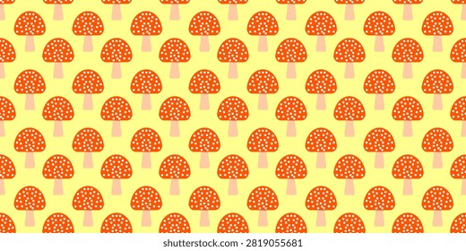 Seamless pattern of cute red fly agaric mushrooms with white dots on a yellow background.