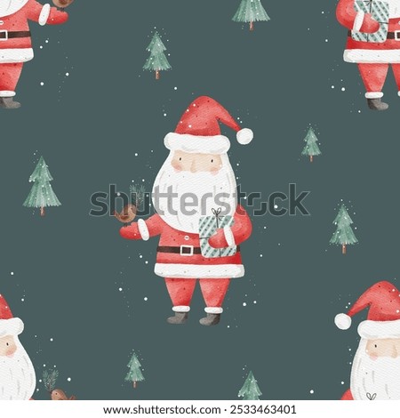 Seamless pattern with cute Santa and bird on green background. Can be used for wallpaper, pattern fills, web page background, gifts. Hand Drawn textures for winter holidays in red and green.