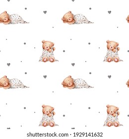 Seamless pattern with cute sleeping teddy bears; watercolor hand drawn illustration; with white isolated background