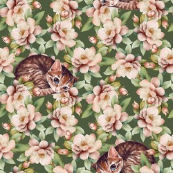Seamless Pattern With Cute Sleepy Cat And Flowers. Watercolor Design For Background, Wrapping Paper, Cards, Textile